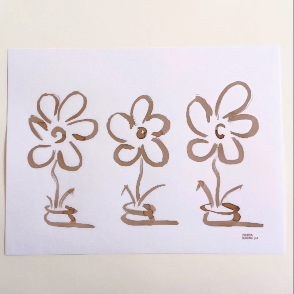 ORIGINAL ART Flower Pots in Brown Ink by Maria Rivera. 9x12